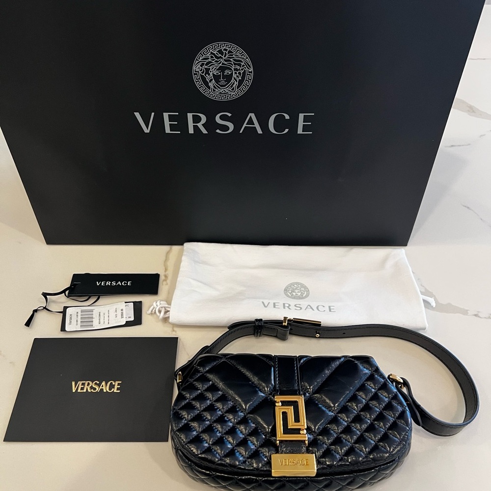 BNWT VERSACE Black Quilted Mini Bag Lamb Leather with Gold accent